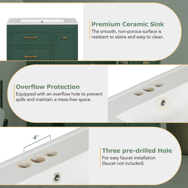 English Elm Classic 30" Forest Green Bathroom Vanity with Gold Handles, Double-Layer Drawer, Ceramic Sink Elegance N729P194978F