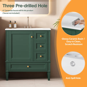 English Elm 30 30 Inch Bathroom Vanity with Ceramic Sink, Modern Compact 3-Drawer Storage Cabinet for Small Baths Green N710P247499F