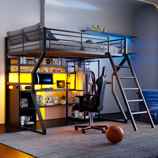 English Elm Full Size Metal Gaming Loft Bed With Workstation, Led Lights, Storage Solutions & Open Wardrobe N7090000666B