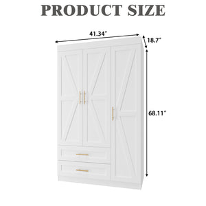 English Elm Shaker Three Door Wardrobe Armoire with Hanging Rod and Shelves for Bedroom White T3210S00005