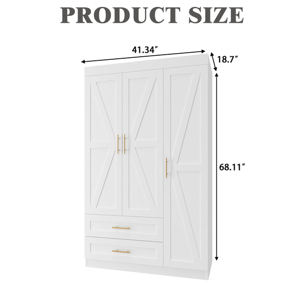 English Elm Shaker Three Door Wardrobe Armoire with Hanging Rod and Shelves for Bedroom White T3210S00005