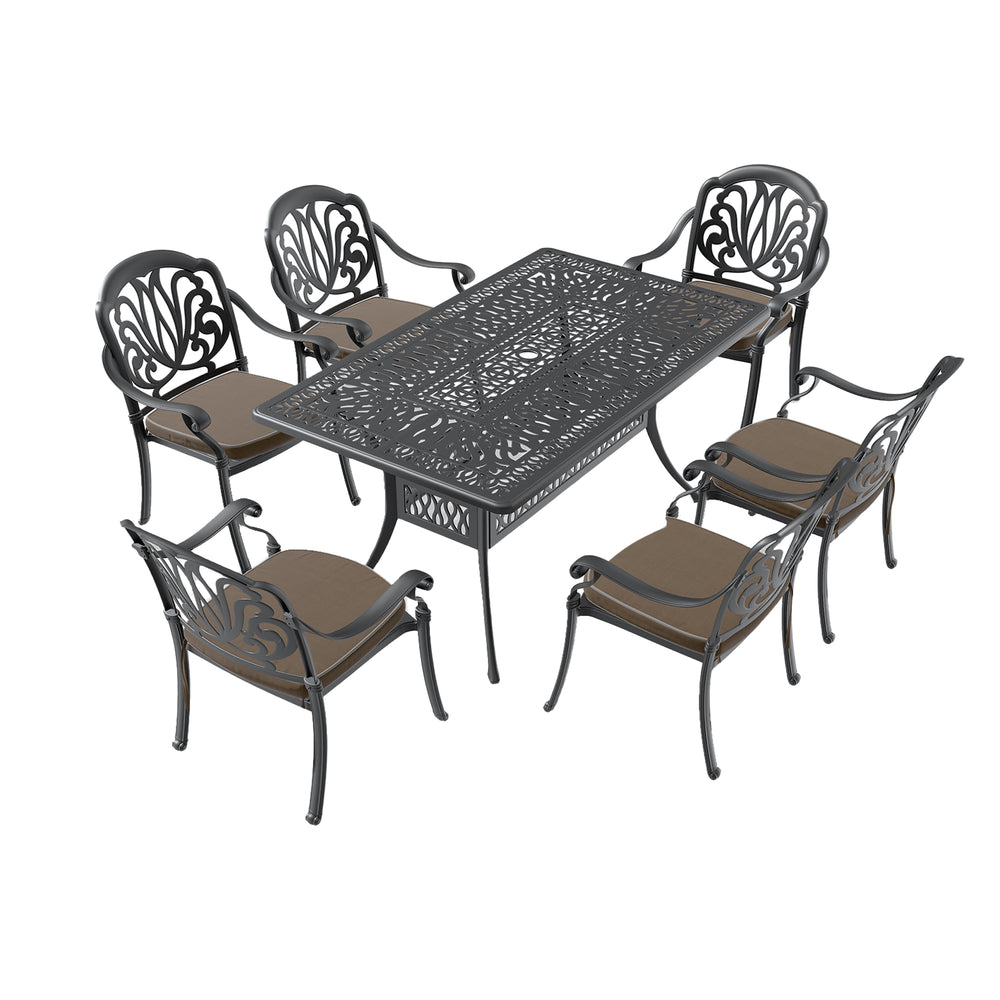English Elm 7-Piece Cast Aluminum Patio Furniture Set With Plush Brown Cushions For Stylish Outdoor Dining & Relaxation W1710S00488