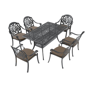 English Elm 7-Piece Cast Aluminum Patio Furniture Set With Plush Brown Cushions For Stylish Outdoor Dining & Relaxation W1710S00488