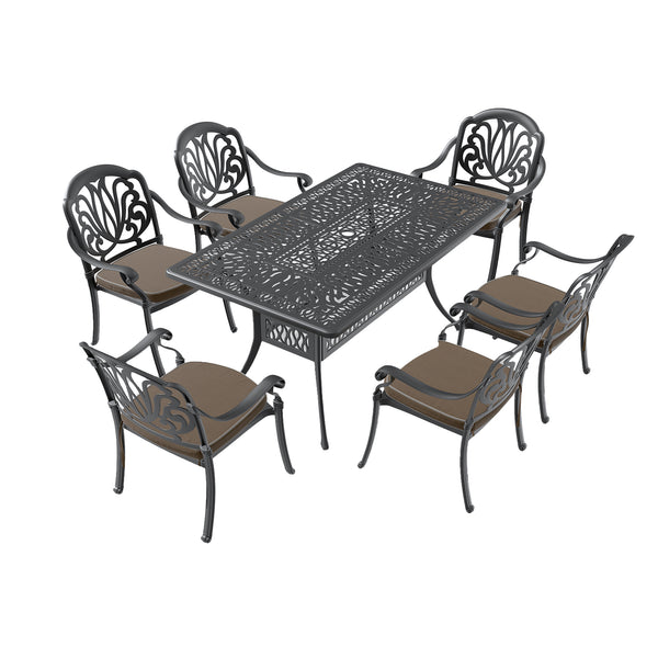 English Elm 7-Piece Cast Aluminum Patio Furniture Set With Plush Brown Cushions For Stylish Outdoor Dining & Relaxation W1710S00488