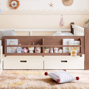 English Elm Twin Kids Platform Bed with Trundle Staircase Bookshelf and Rounded Safety Rails Beige W1580S00539