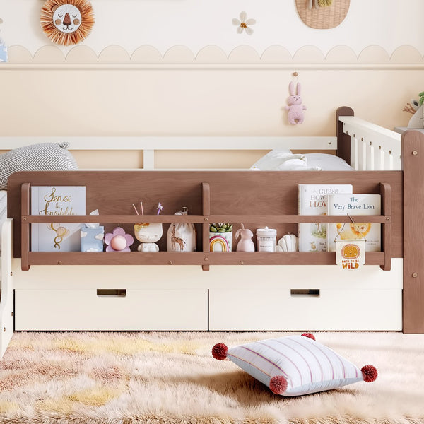 English Elm Twin Kids Platform Bed with Trundle Staircase Bookshelf and Rounded Safety Rails Beige W1580S00539