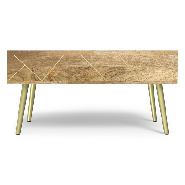 English Elm Jager Mango Wood Lift-Top Coffee Table with Hidden Storage, Gold Brass Inlays & Angled Iron Legs B136P203435
