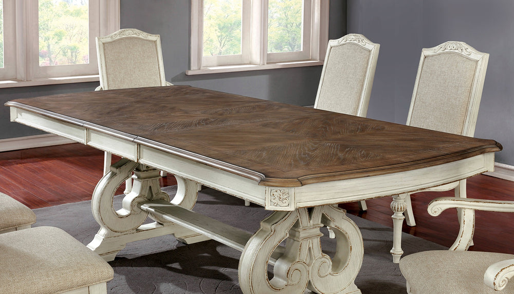 English Elm Dining Table with Expansion Leaf Solid Wood Trestle Base Hand Carved Traditional Style Antique White B2741S00888
