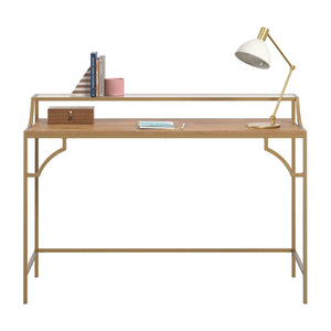 English Elm Writing Desk with Warm Mango Finish and Satin Gold Metal Frame, Compact Engineered Wood Workspace and Glass Shelf, Sturdy Design for Home Office, Hallway or Guest Room — Easy Assembly B356P368904