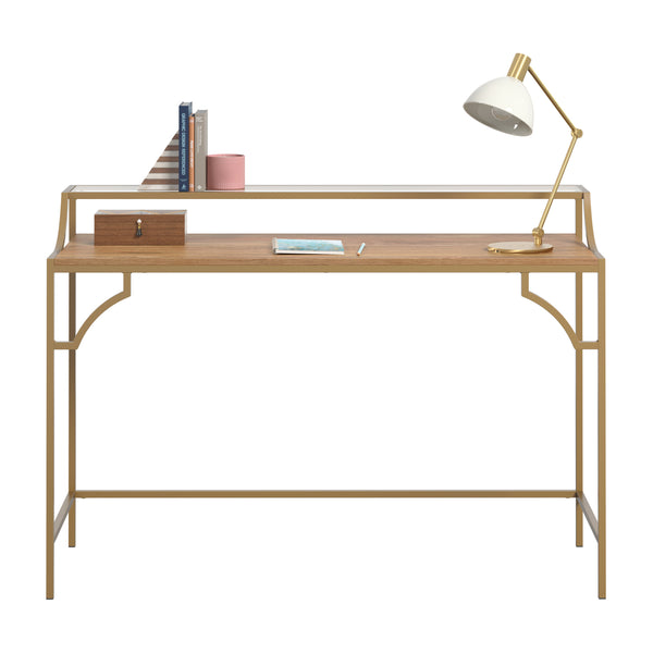 English Elm Writing Desk with Warm Mango Finish and Satin Gold Metal Frame, Compact Engineered Wood Workspace and Glass Shelf, Sturdy Design for Home Office, Hallway or Guest Room — Easy Assembly B356P368904