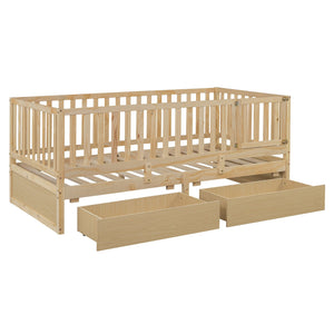 English Elm Twin Pinewood Daybed with Fence Guardrails Splits Into Two Floor Beds Storage Natural LP100881AAN