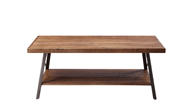 English Elm Ikram Industrial Pine Veneer Coffee Table with Open Shelf and X-frame Metal Base B2726P448746