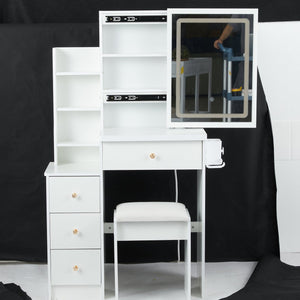 English Elm 29.2" Stylish Compact Vanity Table Set With Led Mirror, Usb Ports, Hair Dryer Bracket & Stool W936P226042