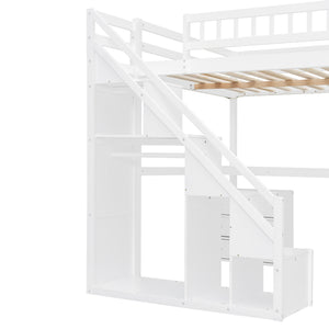 English Elm Full Size Loft Bed with Desk Drawers Led Strip and Staircase for Teen Rooms White LT000258AAK-1