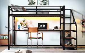 English Elm Queen Loft Bed With Desk, Storage Stairs, Led Lights & Usb Ports – Perfect For Modern Living Spaces! W1580S00477-GIGA