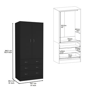 English Elm Armoire Melfa 71" H with 2 doors, 3 drawers and hanging rod for organized, elegant bedroom storage Black 35 L x 24 W x 6 H B097S00121
