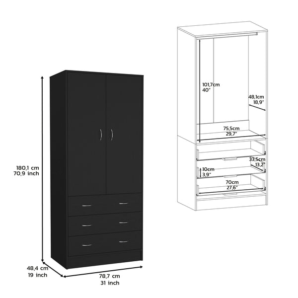 English Elm Armoire Melfa 71" H with 2 doors, 3 drawers and hanging rod for organized, elegant bedroom storage Black 35 L x 24 W x 6 H B097S00121