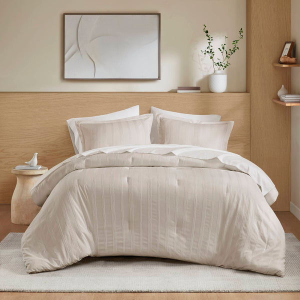 English Elm 7-piece King Woven Stripe Bedding Set Soft Polyester Comforter Shams Sheets Included Neutral B035P463208