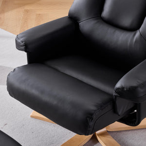 English Elm Black Pu Leather Swivel Accent Chair with Ottoman Heated Massage Wood Base Lounge W3248P465018