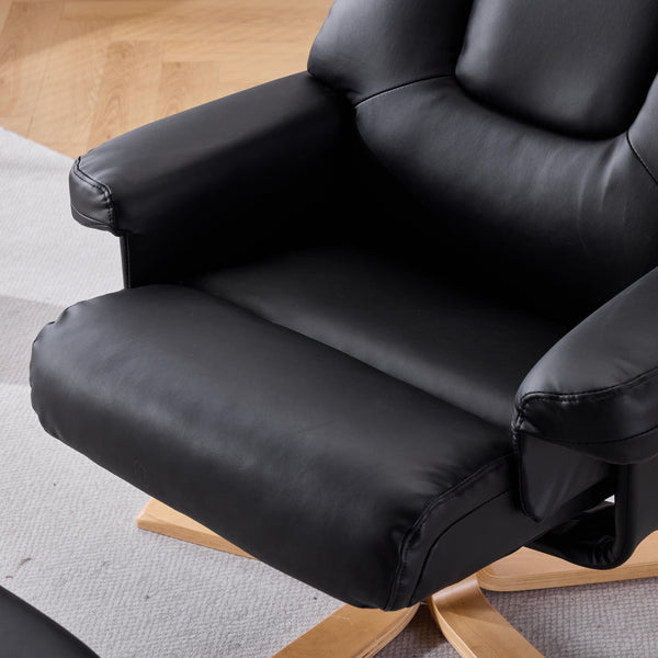 English Elm Black Pu Leather Swivel Accent Chair with Ottoman Heated Massage Wood Base Lounge W3248P465018