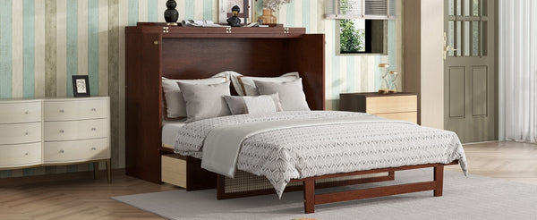 English Elm Queen Size Murphy Bed - Stylish Walnut Pine Cabinet With Rattan Accents & Full-Width Storage Drawer W504S00231-GIGA