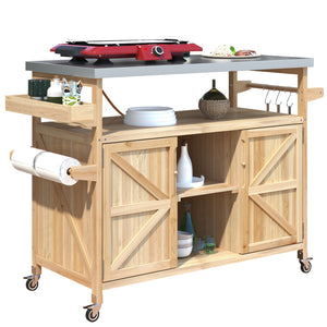 English Elm K&K Outdoor Kitchen Island Rolling Bar Cart with 1.2" Stainless Steel Top, Ample Storage, Wheels and Spice Rack Natural WF532198AAY