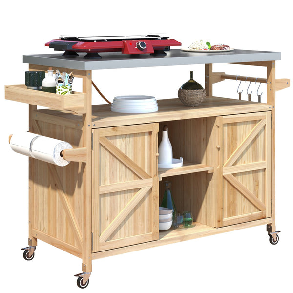 English Elm K&K Outdoor Kitchen Island Rolling Bar Cart with 1.2" Stainless Steel Top, Ample Storage, Wheels and Spice Rack Natural WF532198AAY