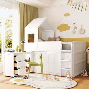 English Elm Twin House Loft Bed with Pull Out Rolling Desk Stair Drawers and Cabinet Storage White N820S00072K