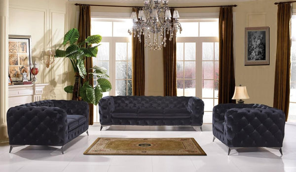 VIG Furniture Delilah Black Velour Loveseat With Tufted Buttons & Diamond Stitch, Plush Support, Stainless Legs VGCA1546-BLK-L