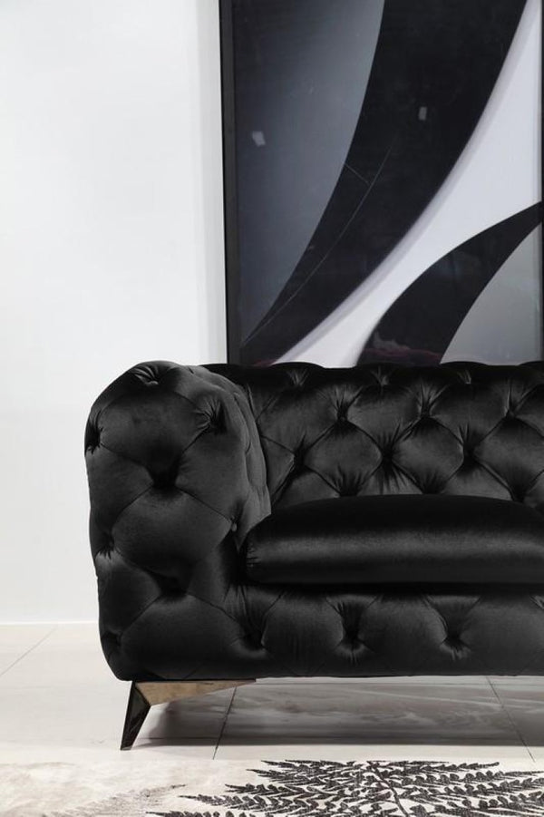 VIG Furniture Delilah Black Velour Loveseat With Tufted Buttons & Diamond Stitch, Plush Support, Stainless Legs VGCA1546-BLK-L
