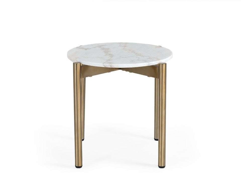 VIG Furniture Denzel White Marble-Look End Table With Gold Tubular Frame — Compact Glam Accent, 21.5" H, 125 Lb Capacity VGGMM-ET-1581-WHT-ET