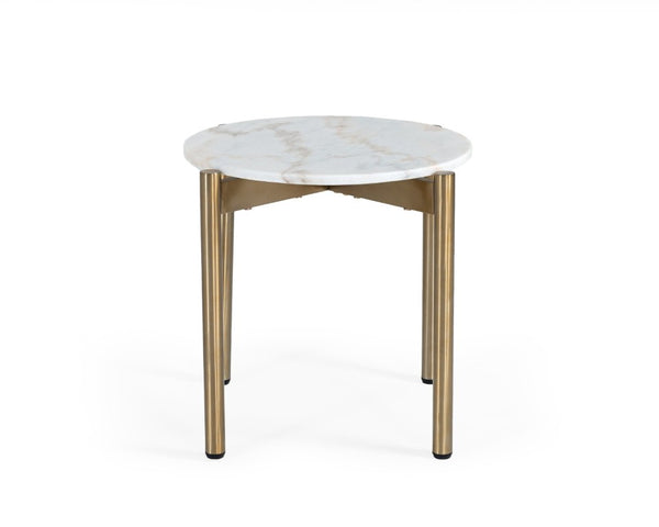 VIG Furniture Denzel White Marble-Look End Table With Gold Tubular Frame — Compact Glam Accent, 21.5" H, 125 Lb Capacity VGGMM-ET-1581-WHT-ET
