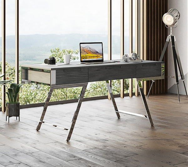 VIG Furniture Dessart Grey Elm Office Desk With Stainless Steel Legs, 3 Soft-Closing Drawers & Spacious Top VGBBMQ1305-GRY-DESK
