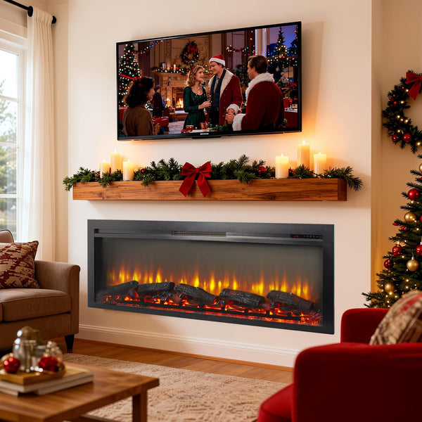 English Elm 54 Inch Recessed Electric Fireplace with Led Flame Display and Remote for Living Rooms W1769P415223