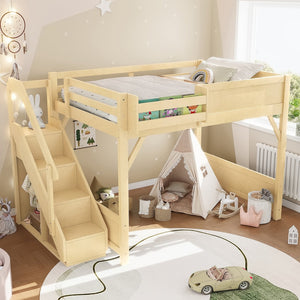 English Elm Twin Low Loft Bed Solid Pine Frame Kids Study Desk Blackboard Storage White Natural W1580S00549