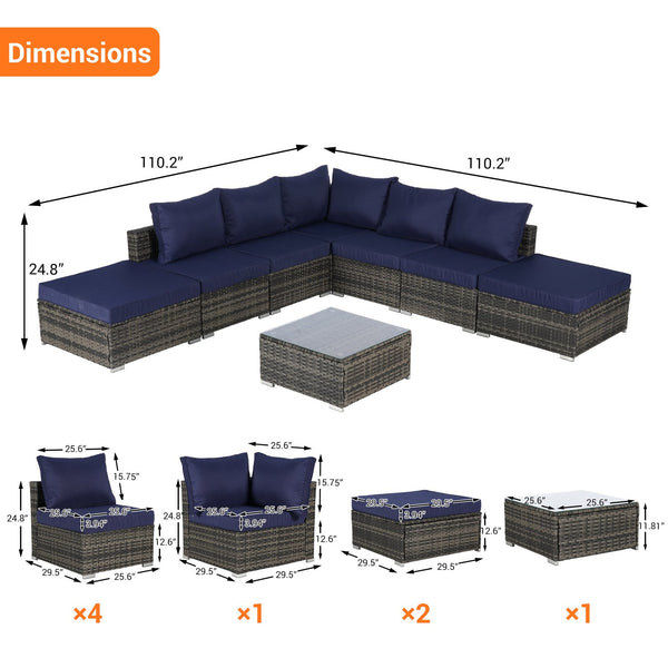 English Elm 8 Piece Modular Wicker Sectional Set with Tempered Glass Table for Patio Resort Style Dark Blue W874S00058
