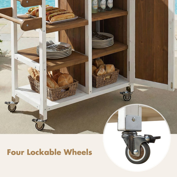 English Elm Foldable Outdoor Kitchen Cart with Stainless Worktop Fir Wood Frame and Lockable Wheels Brown+White N719P380281Z