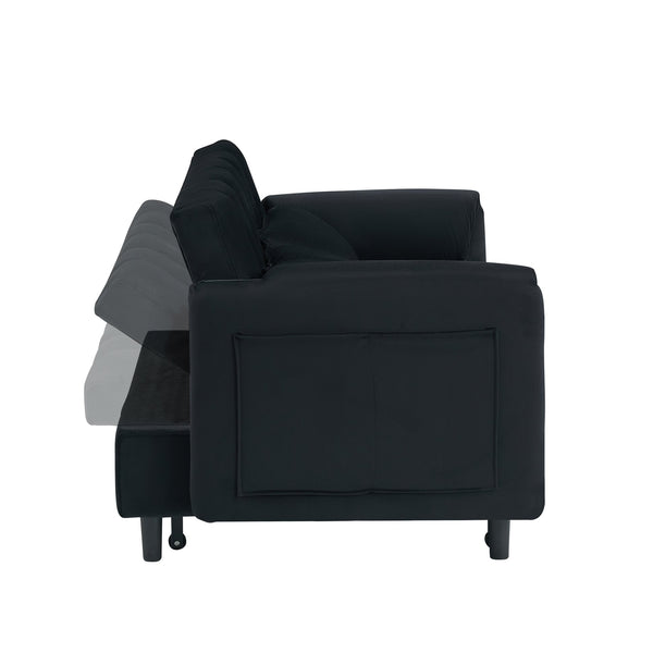 English Elm 52 Black Modern Velvet Sofa Bed 3-in-1 Convertible Loveseat with Pillows, Pockets, Metal Legs, 500lb Capacity W1658P266335