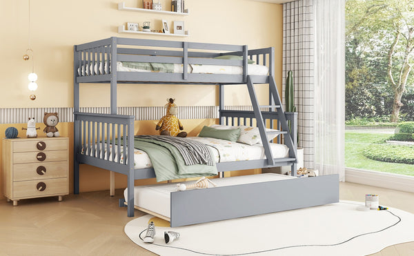 English Elm Twin Over Full Bunk Bed With Trundle, Detachable Ladder, Rustic Grey Wood, Space-Saving Design W504S00186-GIGA