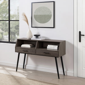 English Elm Walker Edison - Contemporary 2-Drawer Angled Entry Table Slate Grey — Warp-Resistant MDF, Tapered Metal Legs, Storage B185P169023