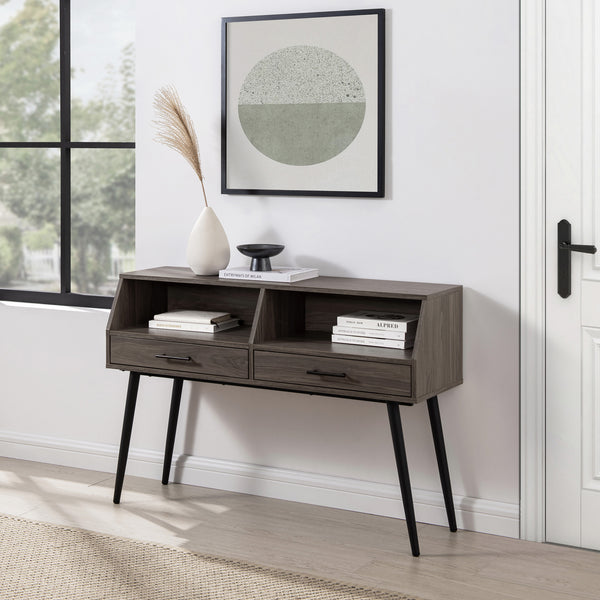 English Elm Walker Edison - Contemporary 2-Drawer Angled Entry Table Slate Grey — Warp-Resistant MDF, Tapered Metal Legs, Storage B185P169023