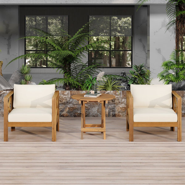 English Elm Christopher Knight Home® - Patio Conversation Set - Stylish Acacia Wood Chairs With Cushions & Foldable Teak Finish Table N770P264304B_N770P261552T