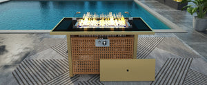 English Elm K&K 43" Propane Gas Fire Pit Table 60000 BTU Open Weave Wicker with Glass Wind Guard & Blue Stones orange-yellow N707P210158Z