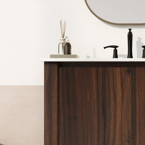 English Elm Christopher Knight Home® - 36" Modern Wall-Mounted Bathroom Vanity with Ceramic Sink, Soft-Close Doors, Fluted Accent & Open Shelves Antique brown N817P245321B