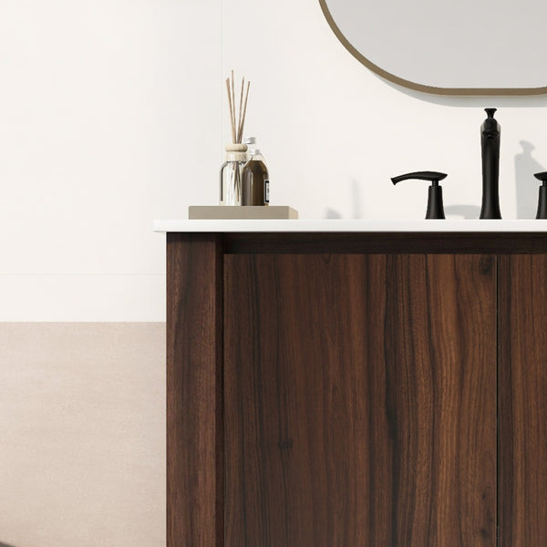 English Elm Christopher Knight Home® - 36" Modern Wall-Mounted Bathroom Vanity with Ceramic Sink, Soft-Close Doors, Fluted Accent & Open Shelves Antique brown N817P245321B