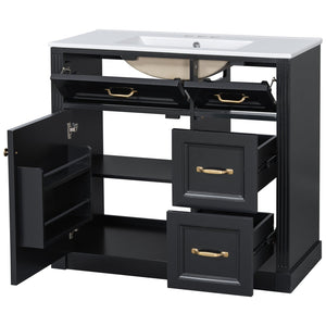 English Elm 36 Inch Bathroom Vanity With Sink & Soft-Close Drawers - Modern Black Cabinet For Smart Storage N725P336549B