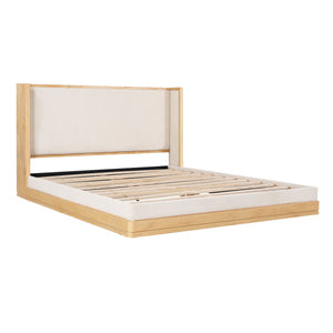 English Elm Mid-century Queen Platform Bed Curved Waterfall Headboard Natural Wood Beige Upholstered N769Q354925W
