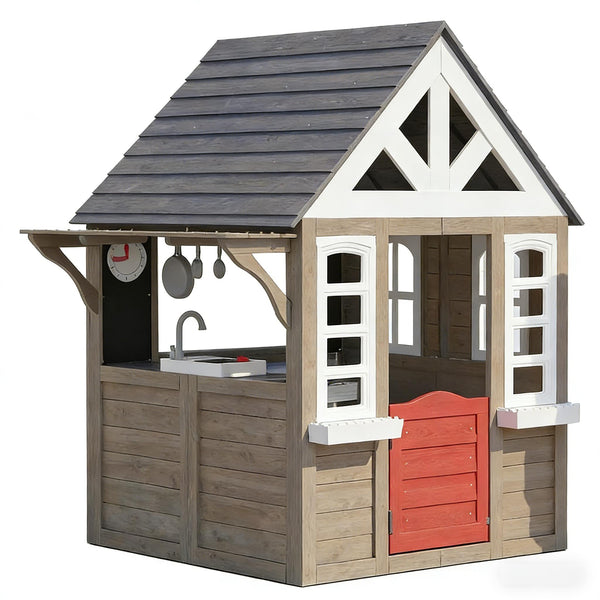English Elm Imaginative Fir Wood Outdoor Kids Playhouse with Stove Set Flower Boxes and Pet Door T3971P491772
