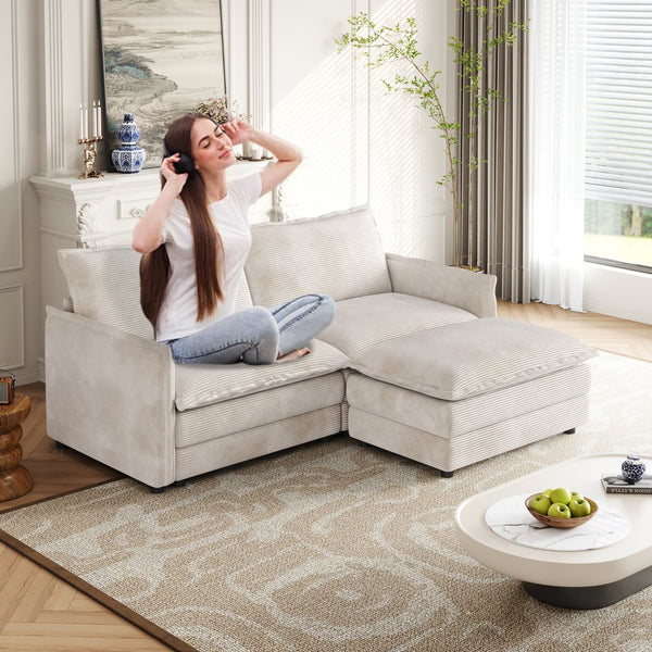 English Elm Corduroy 2-Seater L-Shaped Sectional Sofa With Ottoman & Cushions - Cozy Beige Living Room Comfort W834S00415