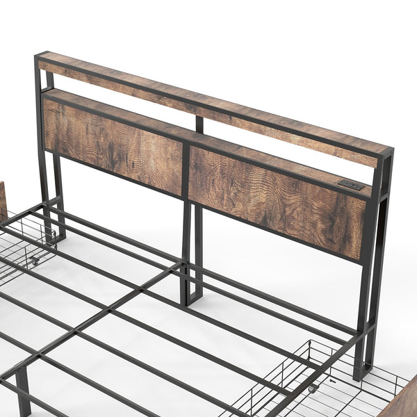 English Elm Queen Metal Platform Bed with Rgb Led Headboard Charging Station and Underbed Storage T3963P482840
